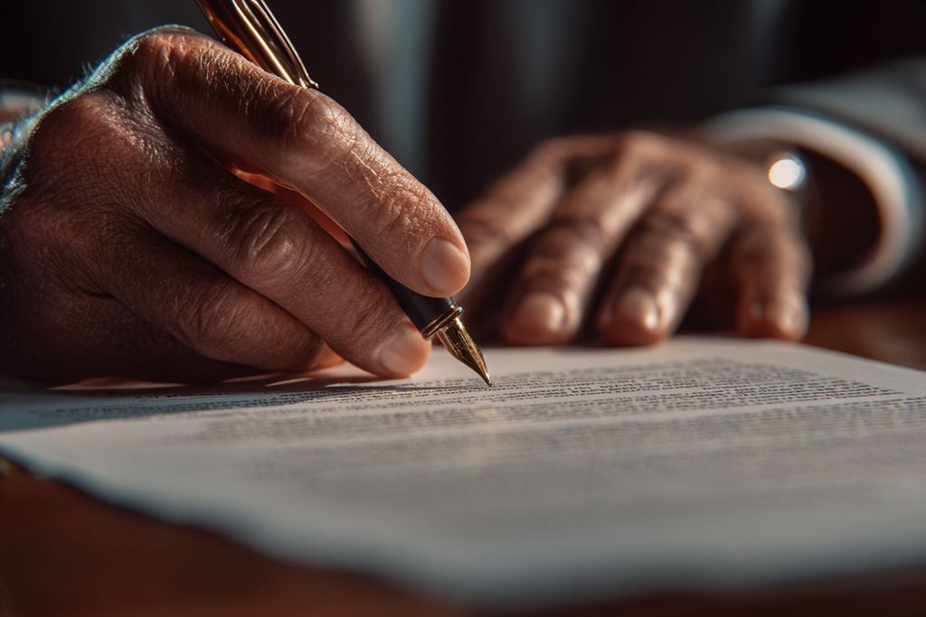 Mains en gros plan sur des contrats de gestion des droits de marque.