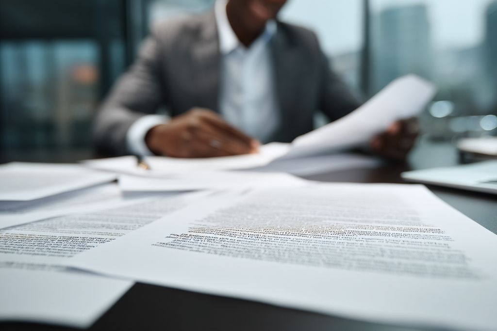 Homme d'affaires analysant des documents contractuels sur un bureau élégant