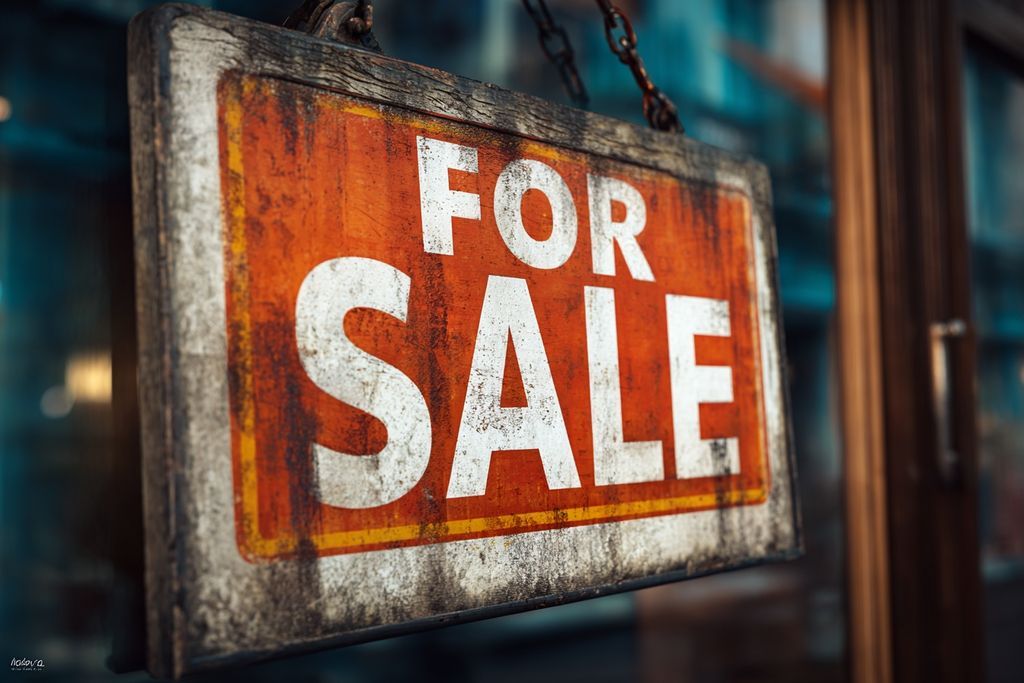 Image détaillée d'une vitrine commerciale délabrée avec un panneau "À vendre", illustrant un sentiment d'urgence et de potentiel commercial.