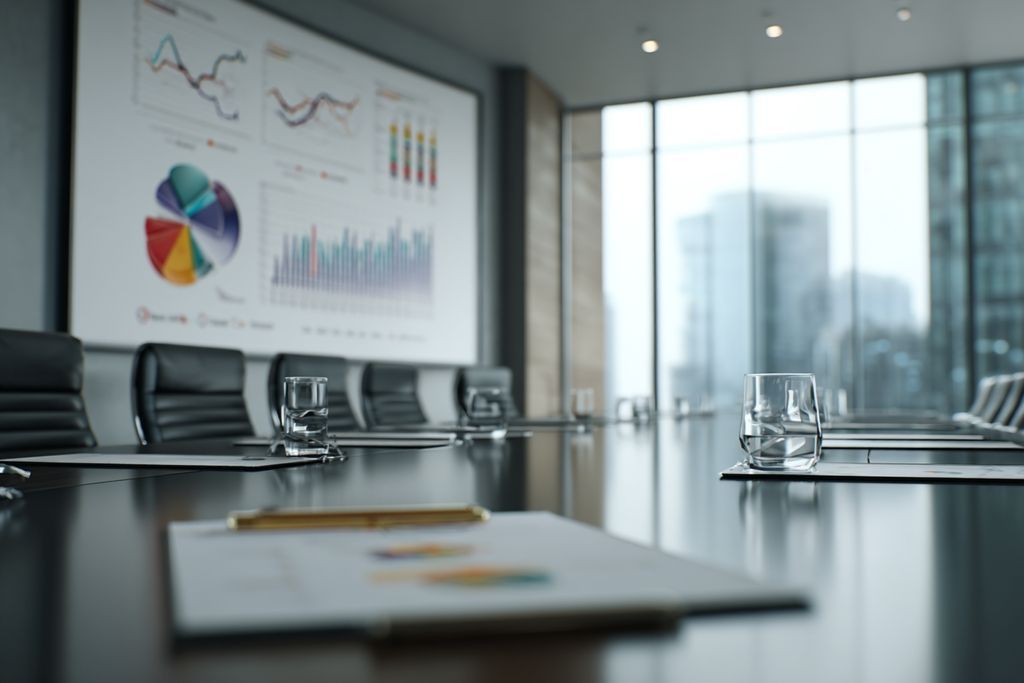 Scène de salle de réunion projetant des graphiques sur la reprise et la durabilité en affaires.