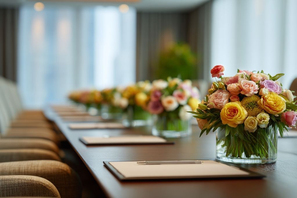 Image d'une table de conférence prête pour une discussion avec des fleurs fraîches apportant une ambiance positive.