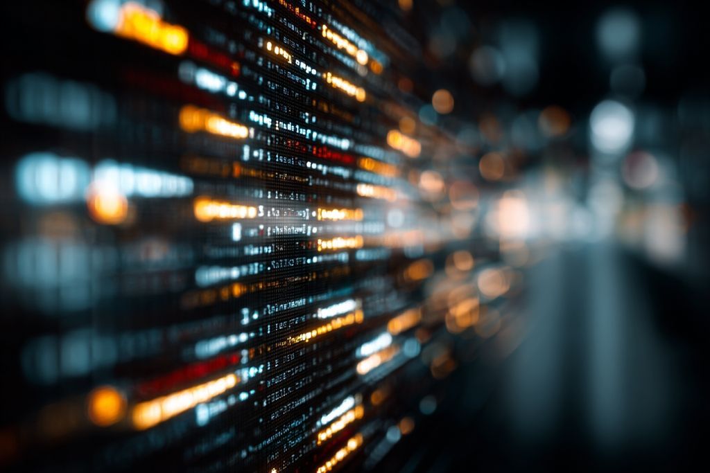 Code informatique complexe reflétant les défis juridiques dans un monde numérique sur un écran flou