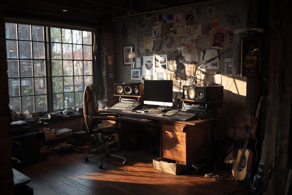 Espace de travail calme avec matériel audio illustrant la créativité et la sécurité.