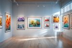 Galerie colorée exposant diverses œuvres avec avis de droits d'auteur