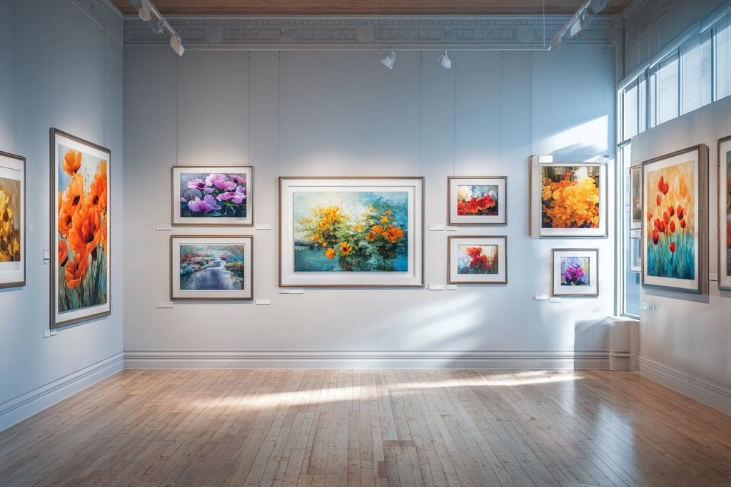 Galerie colorée exposant diverses œuvres avec avis de droits d'auteur