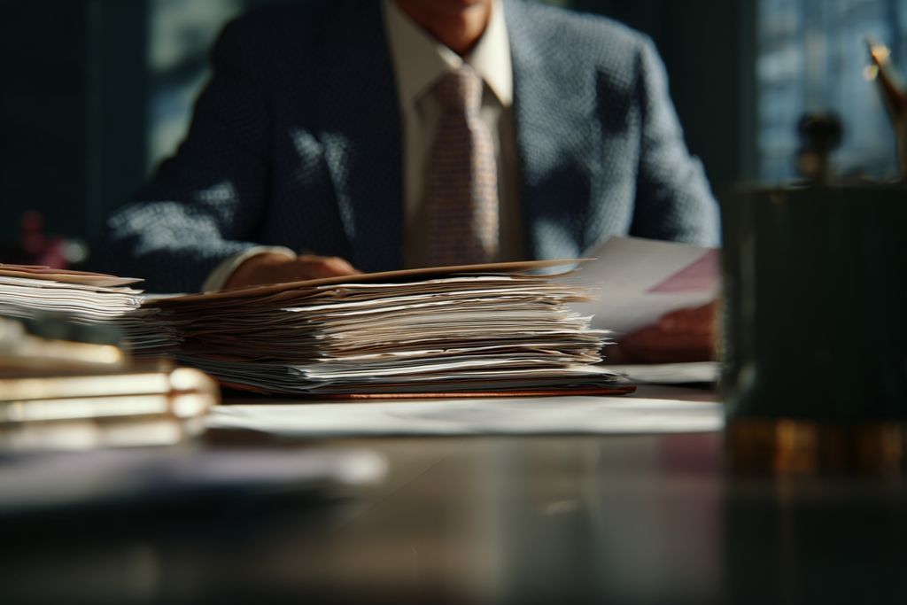 Une personne concentrée sur l'analyse de documents juridiques dans un bureau.