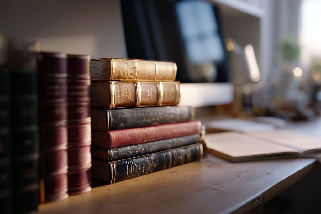 Image illustrant des livres juridiques empilés près d'un ordinateur avec une connotation de conseil juridique.