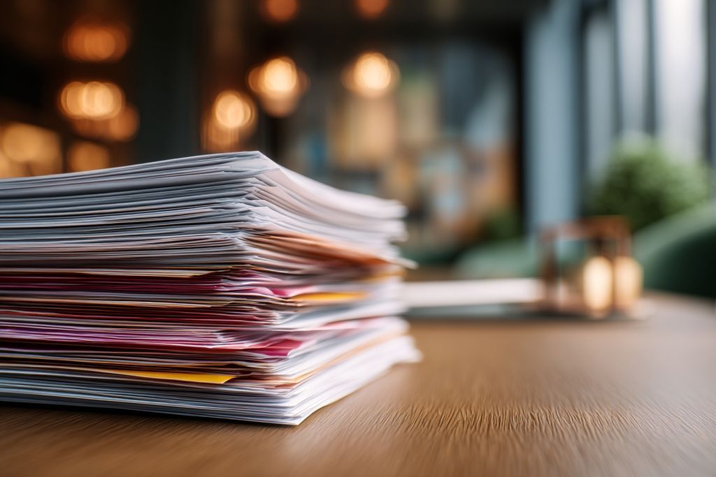Documents professionnels bien organisés sur une table de bureau, comprenant des rapports et des formulaires de conformité.