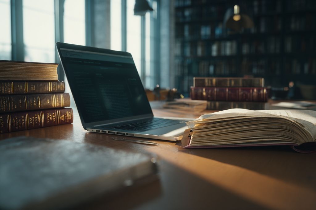 Un espace de travail sophistiqué avec un ordinateur affichant des ressources sur le droit de propriété intellectuelle.