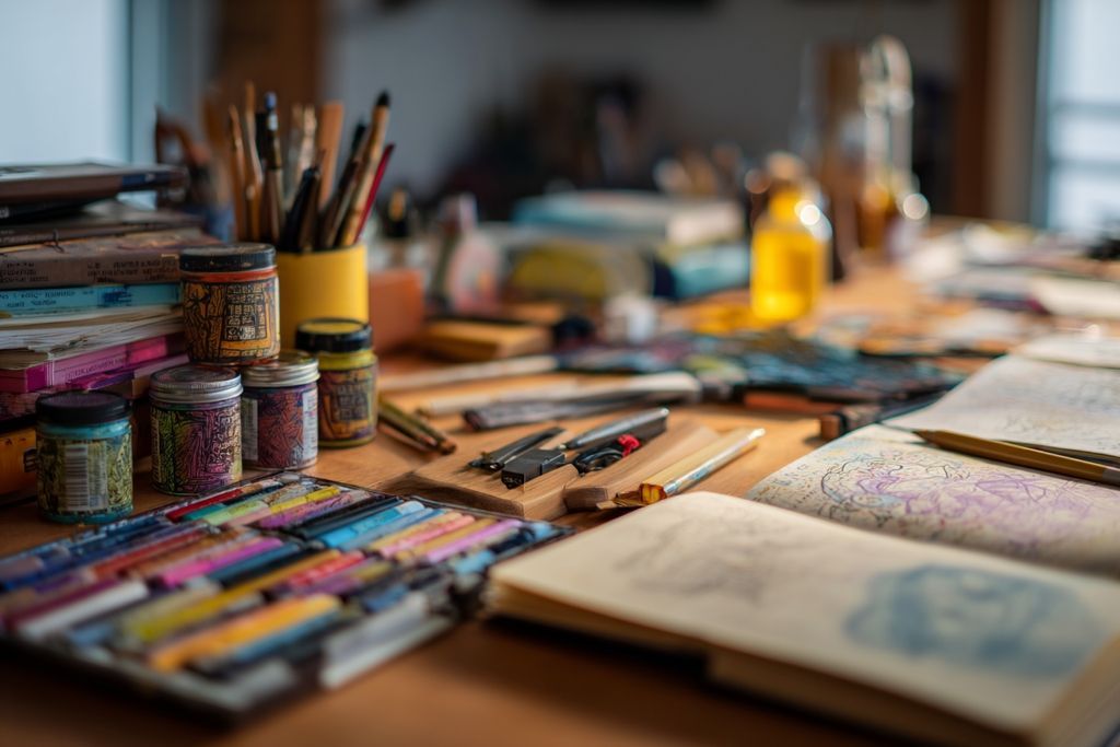 Détails d'un espace de création avec croquis et matériel d'art