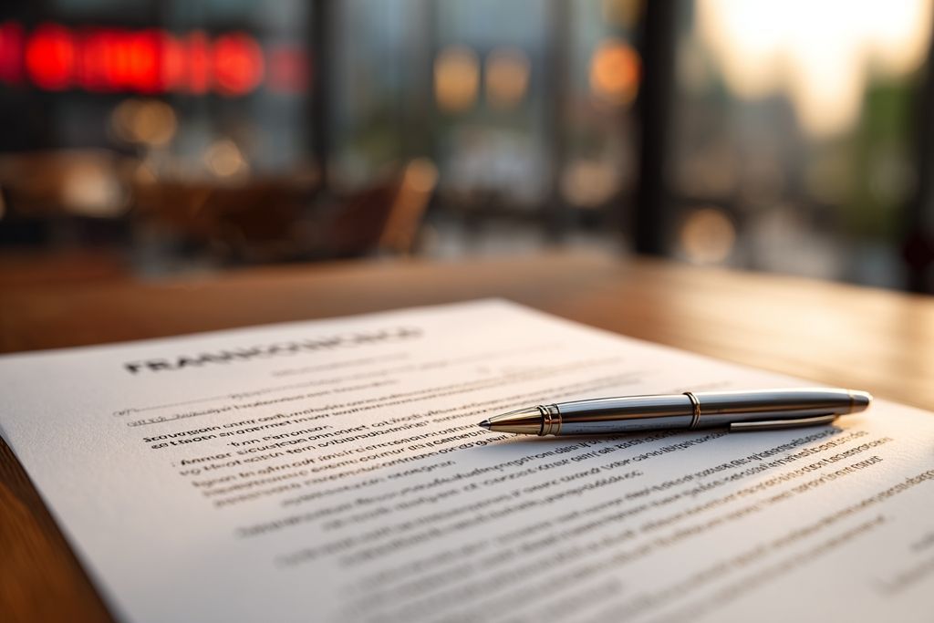 Document de contrat de franchise en gros plan avec clauses importantes mises en avant et stylo à proximité