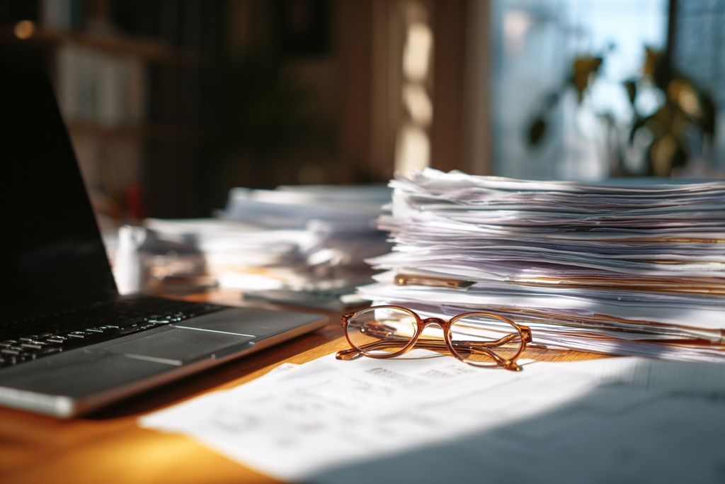 Bureau impeccablement agencé avec des documents et un PC portable, représentant une gestion de projet efficace.