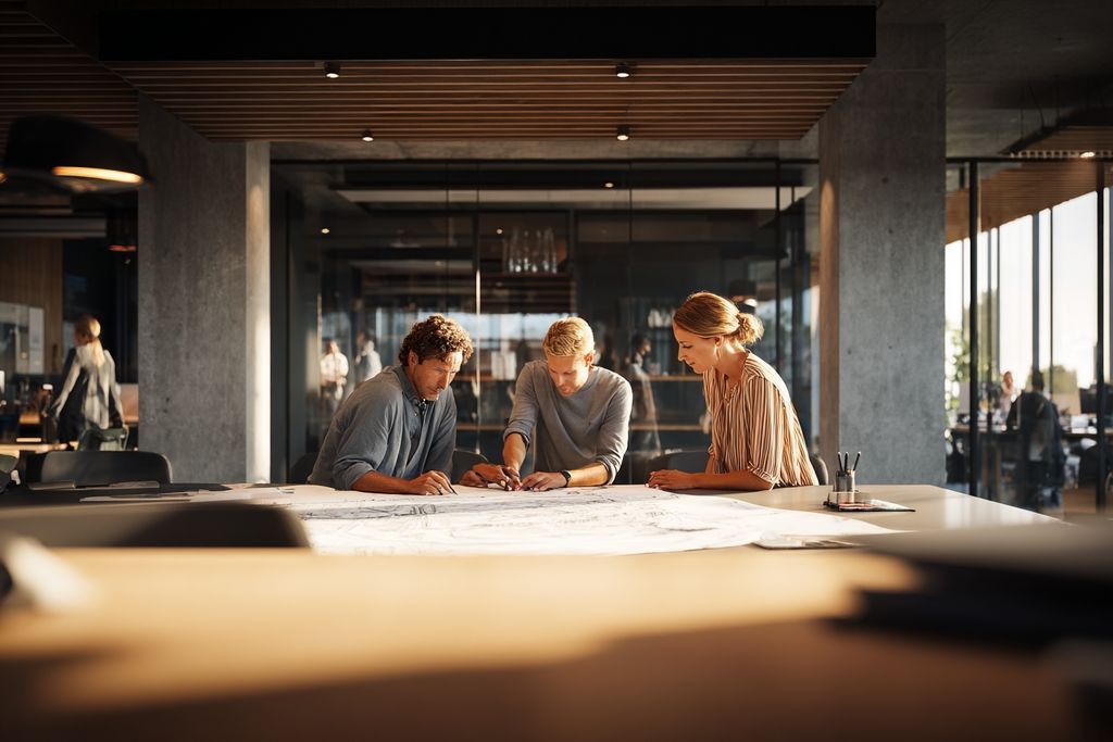 Un bureau moderne avec des collègues collaborant sur des projets, représentant la dynamique de travail d'équipe dans un cadre sociétal.