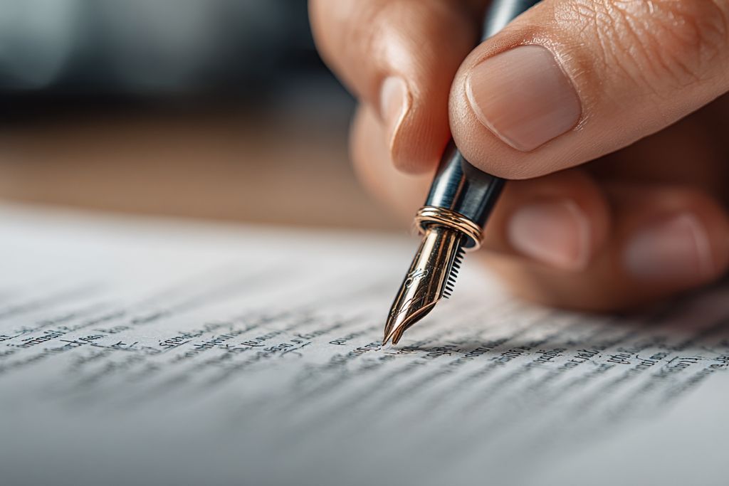 Main en gros plan rédigeant des notes sur un document juridique, illustrant la nécessité de décisions réfléchies.