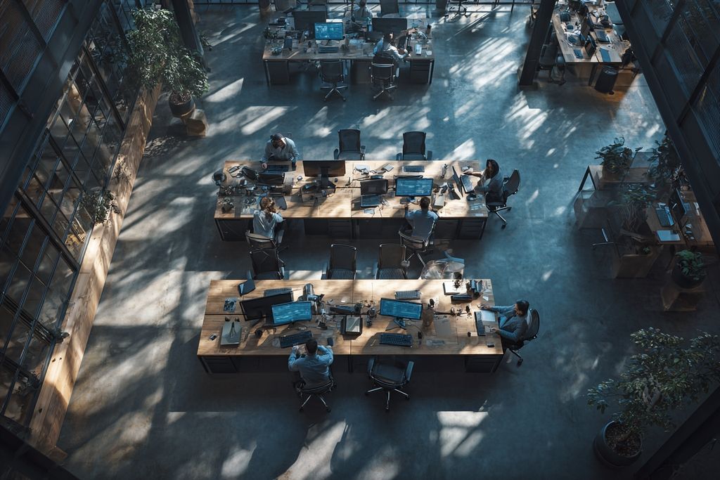 Vue aérienne montrant un environnement de bureau collaboratif et dynamique